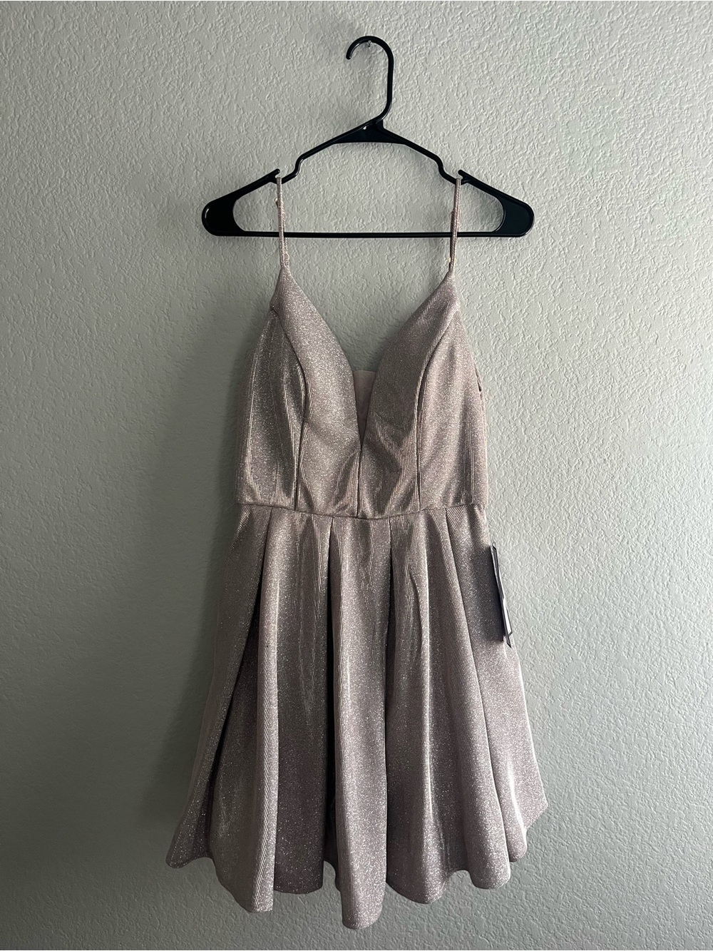 B Darlin Glitter Spaghetti Strap Mini Dress in Light Champagne